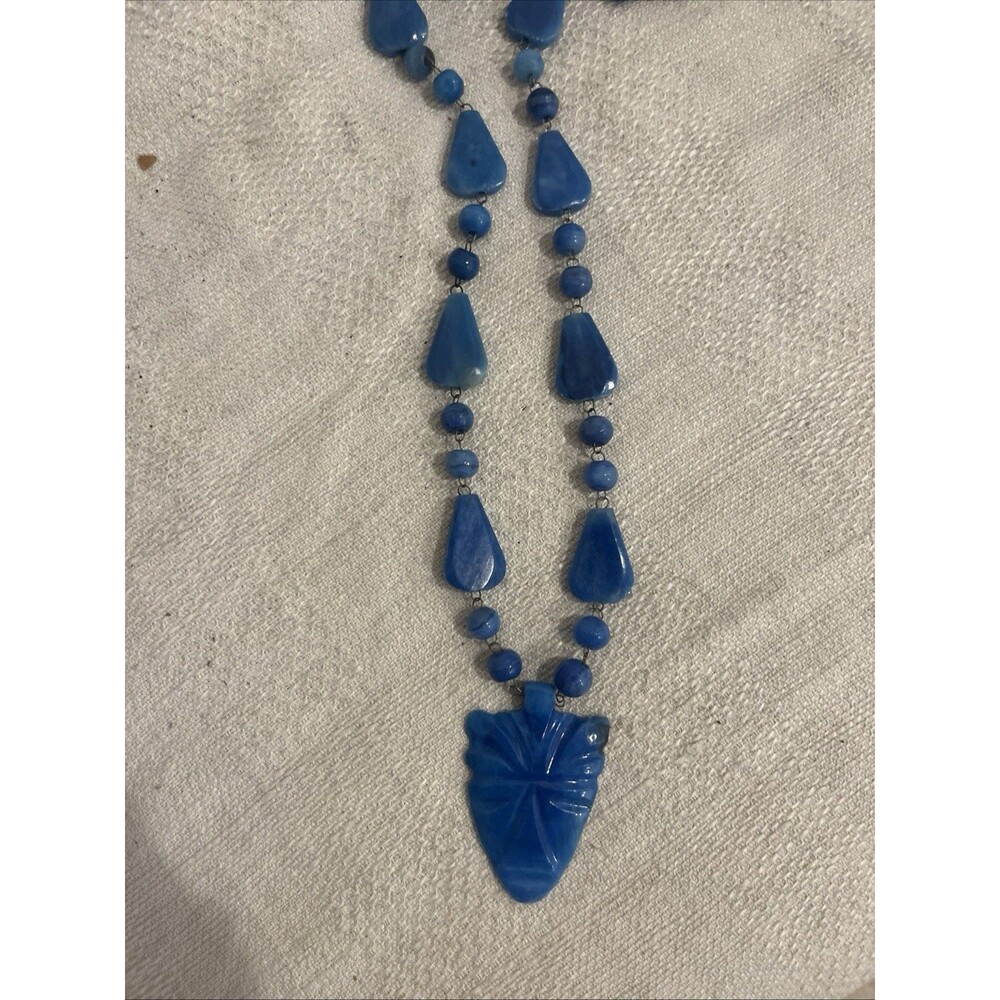 Vintage Aztec Mayan Blue Agate Carved Gemstone Face Mask  Pendant Necklace